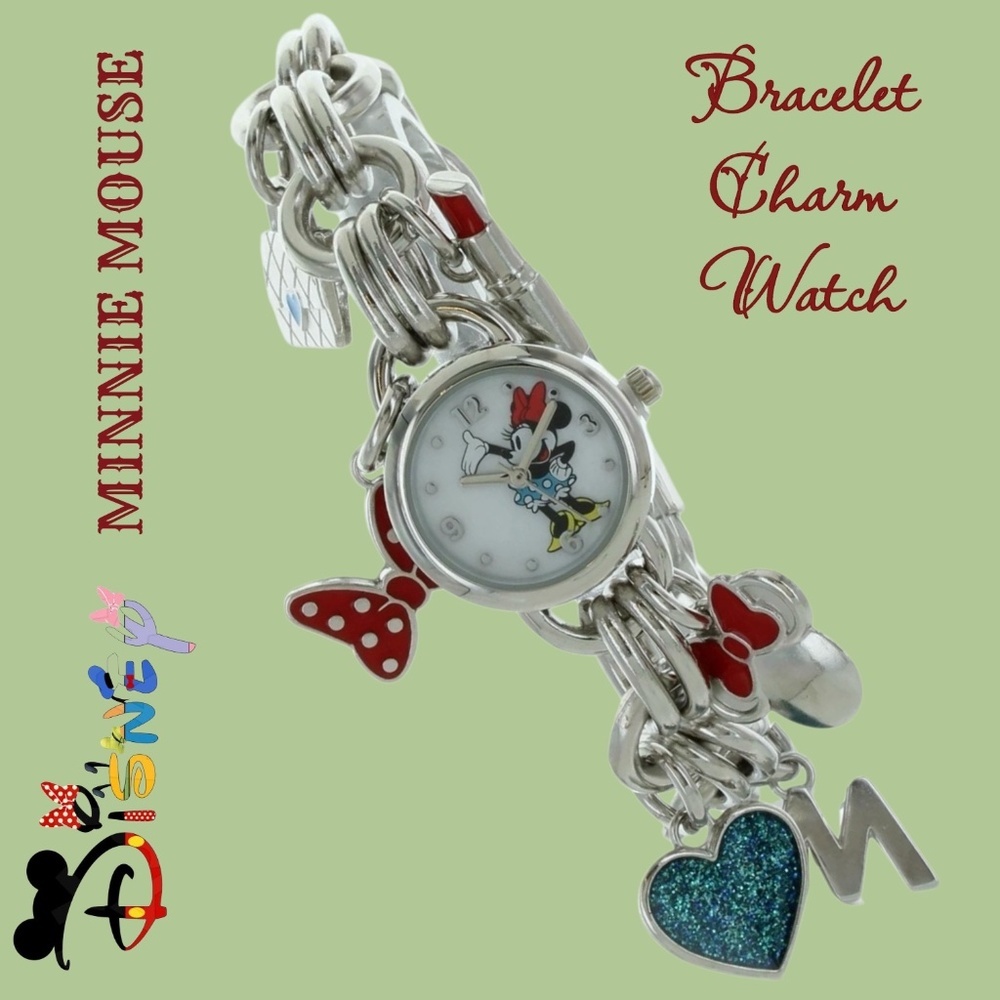 Disney Minnie Mouse Women’s Stainless Steel Charm Bracelet Watch NWT/BOX